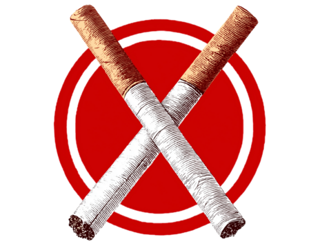 Crossed cigarettes with red circle symbol isolated on a transparent background