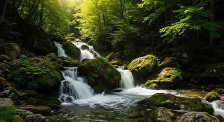 Fototapeta premium Cascading waterfall over mossy rocks in a lush, green forest, sunlit