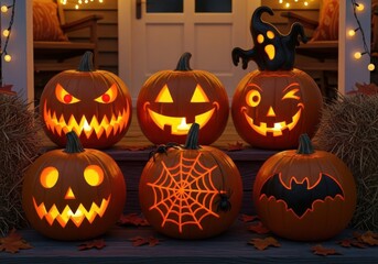 Fototapeta premium Spooky jack o lanterns illuminate a festive halloween night display