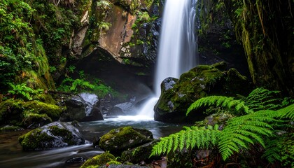 A cascading waterfall flowing from a rocky cliff into a serene pool, surrounded by lush vegetation