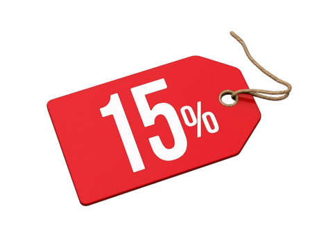 Red Price Tag with 15 Percent isolated on a transparent background