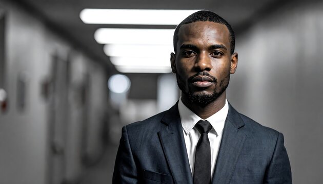 A man in a dark suit and tie stands in a blurred hallway, looking directly at the viewer with a serious expression. The light is focused on him