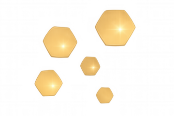Golden glowing hexagons with lens flares on a transparent background, abstract geometric design element