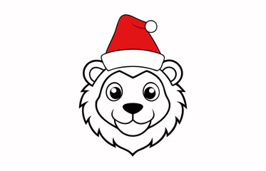 Cute Lion Head in Christmas Hat Outline Vector Illustration