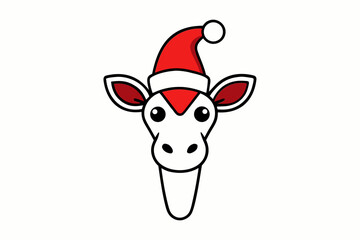Giraffe Head in Christmas Hat Outline Vector Illustration