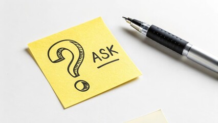 Yellow sticky note with question mark and Ask next to pen