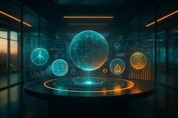 Explore the future of data with this stunning holographic globe display, visualize global insights and technological advancements in this modern presentation platform, perfect for innovation