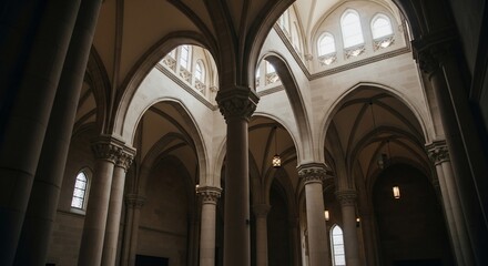 Fototapeta premium Interior view of a grand church with towering arches and columns, showcasing intricate architectural details and soft lighting.