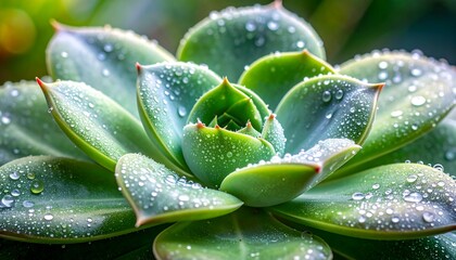 A macro shot of a green succulent plant, covered in tiny droplets of water, with a focus on the central leaves. Its leaves are edged in red
