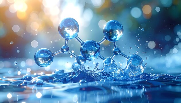 A molecular structure composed of spheres and rods, emerging from splashing water, with a blurry background of light and greenery