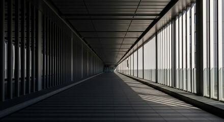 Long, dark, and empty pedestrian bridge with strong light and shadow contrast.