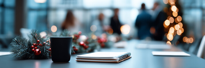 Modern office meeting table decorated with pine branches red ornaments and coffee cup during christmas season with blurred coworkers and warm festive lights in background.