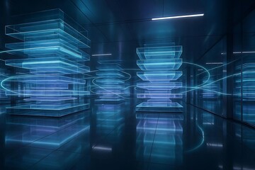 Step into the future with this sleek, modern server room illuminated by vibrant blue light, perfect for tech companies needing a powerful, cutting edge digital presence online