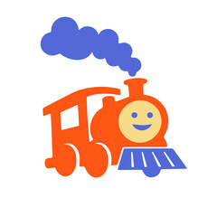 Orange cartoon train with a happy face and blue smoke coming from its chimney on a white background