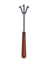 Hand cultivator with three curved metal prongs and a wooden handle, isolated on a white background. This  gardening tool is designed for loosening soil. Vector Not AI generated