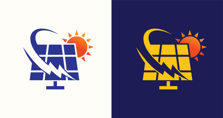 Solar Energy logo. A vibrant illustration showcasing a solar panel with the sun and lightning bolt.