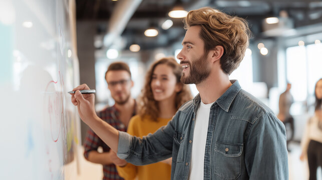 Group of coworkers collaborating and brainstorming ideas on a whiteboard in a modern office space. - Powered by Adobe