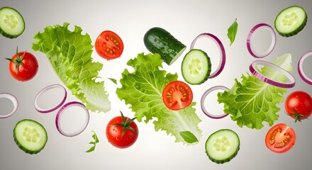 Fresh, vibrant salad ingredients artfully arranged and floating in a dynamic composition.