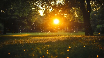 Fototapeta premium Golden hour sunlight filtering through trees in a lush green park