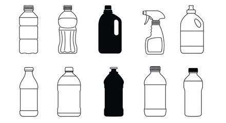 Collection of various plastic bottles and spray container line art illustration