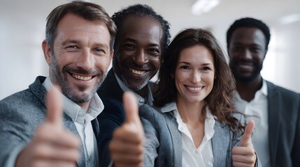 A diverse group of four professionals smiles and gives a thumbs up gesture indicating success and agreement in a modern office setting