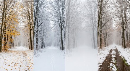 Forest in four seasons, autumn, winter, spring and summer