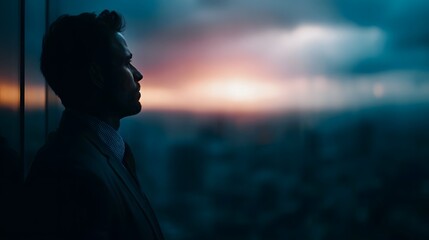 A businessman in silhouette contemplates the urban skyline at sunset from a high rise office window reflecting on the future