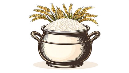 A graphic illustration depicts a traditional cooking pot overflowing with white grains and stalks of golden wheat