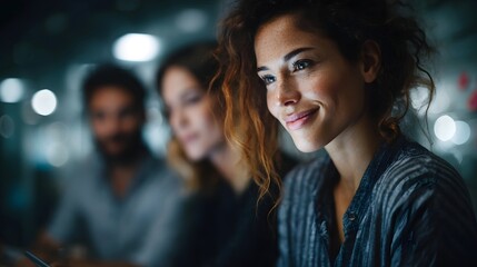 A focused woman smiling while collaborating with her diverse team in a modern office environment with soft lighting