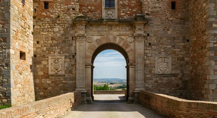 Fototapeta premium A castle's arched entranceway reveals a distant, open landscape on a sunny day