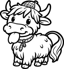 Cute highland cow with tongue out wearing cap, black and white funny animal vector illustration, adorable farm character line art with copy space for playful design