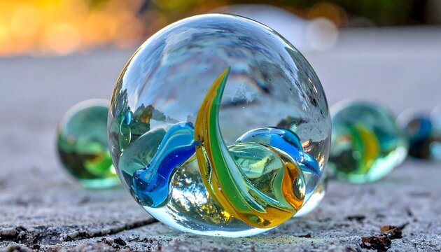 A macro shot of a transparent glass sphere, displaying colorful swirls and a distorted view of the outdoors with blurred spheres. Focus