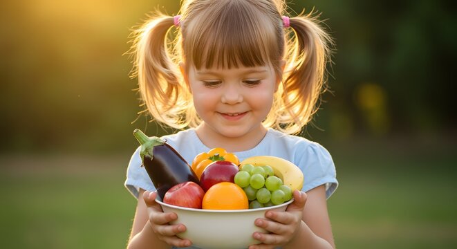 A cheerful child holds a bowl of colorful fruits and vegetables in the warm sunlight - Powered by Adobe
