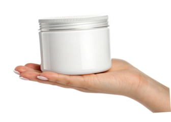 woman holding a blank white plastic jar. Cosmetic cream or pills supplement container. Isolated on transparent background