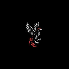 Obraz premium Stylized mythical phoenix bird illustration with white wings and fiery red-orange tail on a sleek black background