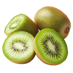 Fototapeta premium Kiwi Fruits: A close-up shot reveals a collection of fresh kiwi fruits, some whole and some sliced, showcasing the vibrant green flesh and small black seeds within.
