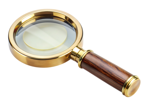 Elegant Golden Magnifying Glass with Wooden Handle for Close Inspection and Detailed Examination of Objects or Text Documents