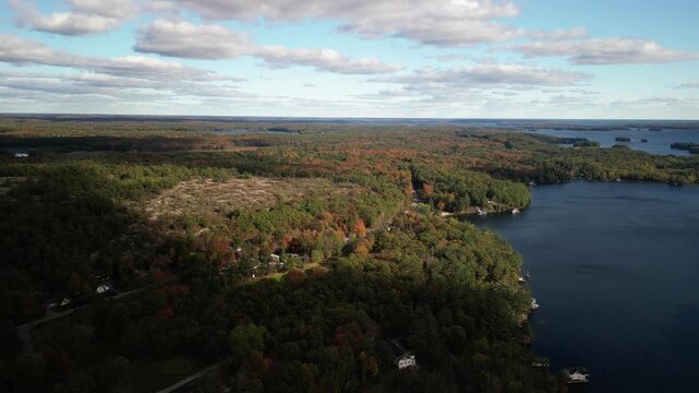 Aerial of Hucklebery Rock near Port Carling Ontario Canada in fall