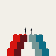 Minimalist illustration in a vector format. Abstract symbol of two people negotiating and building a bridge from blocks, representing partnership and agreement.