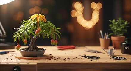 Mango bonsai tree on a wooden desk with tools and warm bokeh background