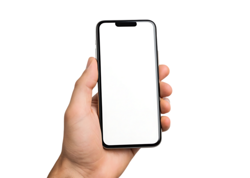 Hand holding a modern smartphone with blank white screen against a black backdrop offering ideal display mockup possibilities
