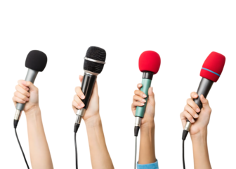 Hands Holding Microphones Symbolizing Press Conference and News Gathering with Black Background