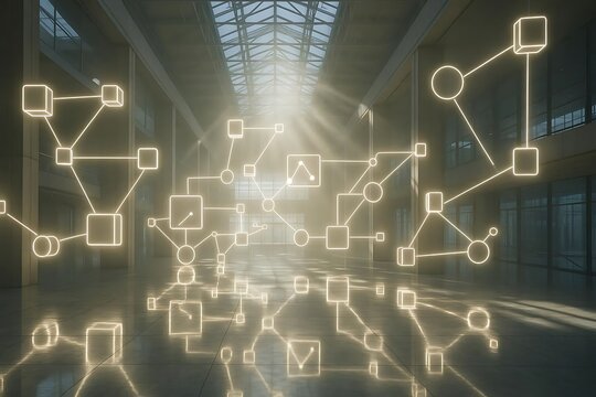 Modern digital network connecting data points with glowing lines in sunlit atrium, ideal for showcasing technology solutions, innovative systems, and advanced communication networks