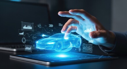 Hologram car design controlled via tablet with data visualizations