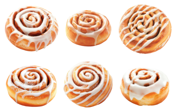 Sweet Rolls of Delight: An array of freshly baked cinnamon rolls with a swirl of icing are arranged on a surface, inviting indulgence and satisfaction.
