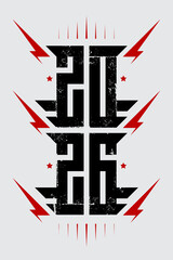 2026 - Electrifying New Year Logo. Bold Typography with Red Lightning Bolts. Perfect for Album Covers, Concert Posters, and Rock Merchandise. Grunge Texture on Light Background