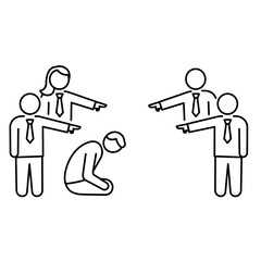 Colleagues pointing fingers at a sad kneeling employee icon.