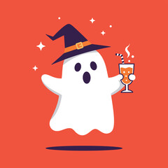 Cute Halloween Ghost with Drink and Witch Hat
