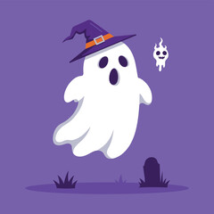 Cute Halloween Ghost Vector Illustration with Witch Hat and Floating Spirit