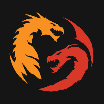 Stylized orange and red dragons in a dynamic circular yin-yang symbol, representing balance, conflict, and mythical power in a modern graphic design.